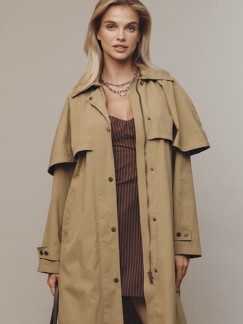 Avec Les Filles Tan Trench Coat with Cape Detail
